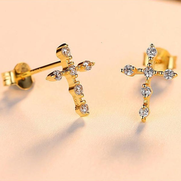 Tiny Cross Stud Earrings, Sterling Silver - RubyVanilla