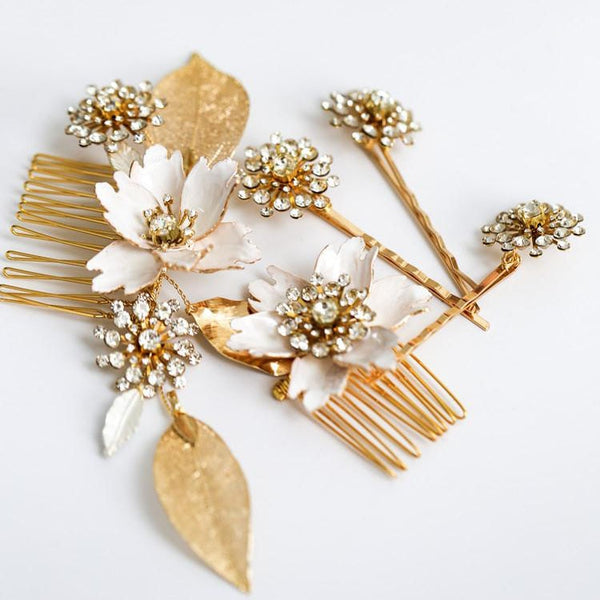 Rhinestones Enamel Flowers with gold Leaves Hair Accessories - RubyVanilla
