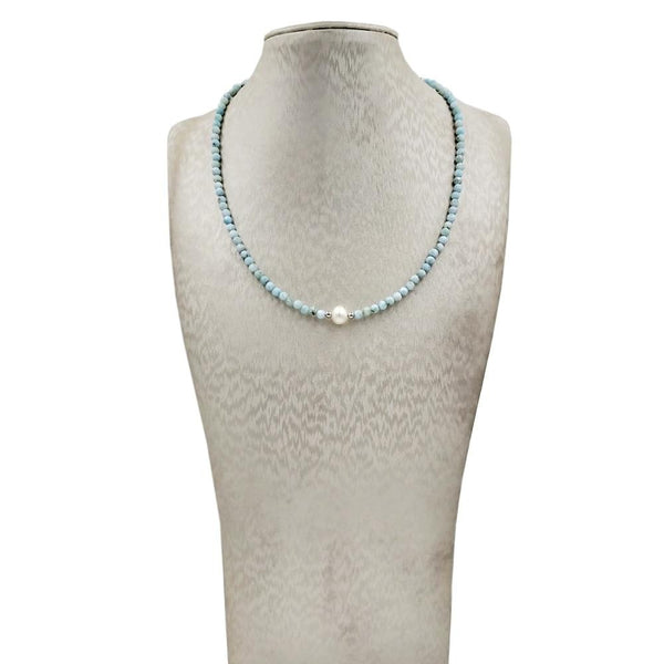 Blue Larimar and Freshwater Pearl Necklace with Sterling Silver clasp - RubyVanilla