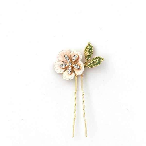 Enamel Flower with Green Leaves Hair Accessories - RubyVanilla