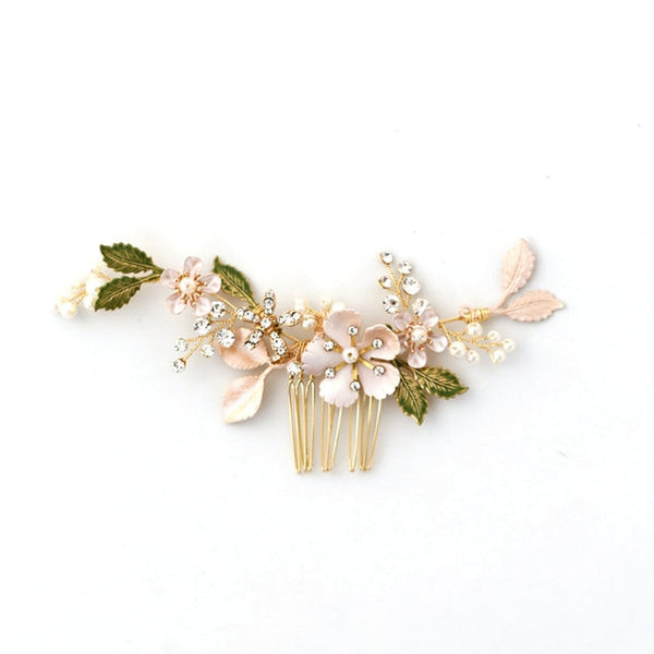Enamel Flower with Green Leaves Hair Accessories - RubyVanilla