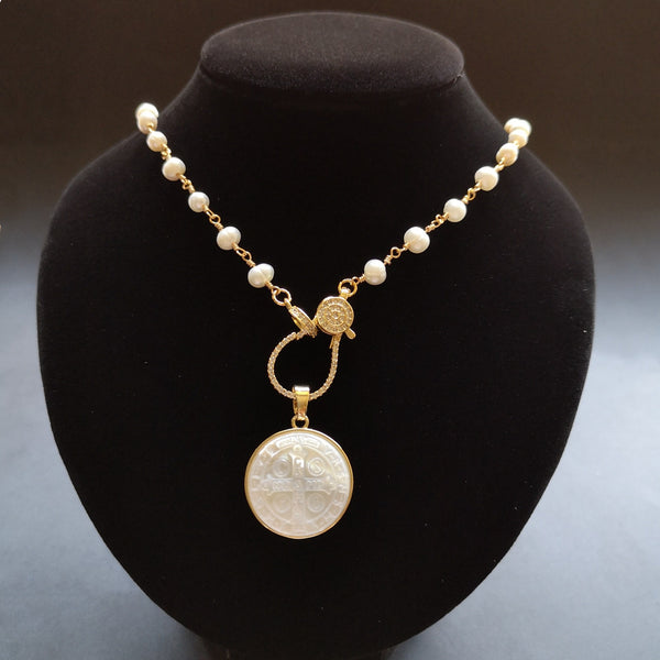 Natural Freshwater Pearl with Cross Mother Pearl Coin Pendant - RubyVanilla