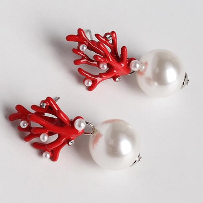 Red Coral with Pearl Earrings - RubyVanilla