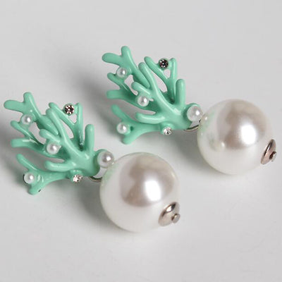 Green Faux Coral with Pearl Stud Earrings - RubyVanilla